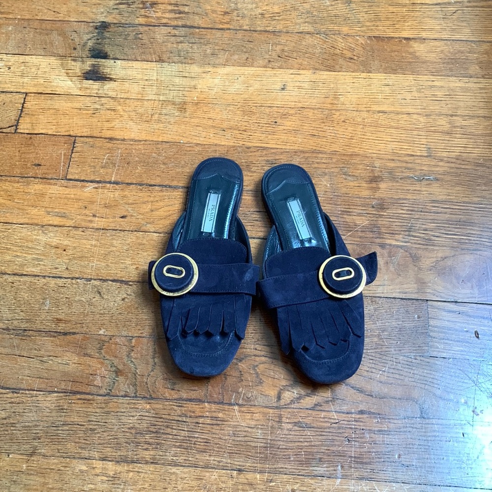 Prada navy blue suede mules with gold buckle accent size 5.5